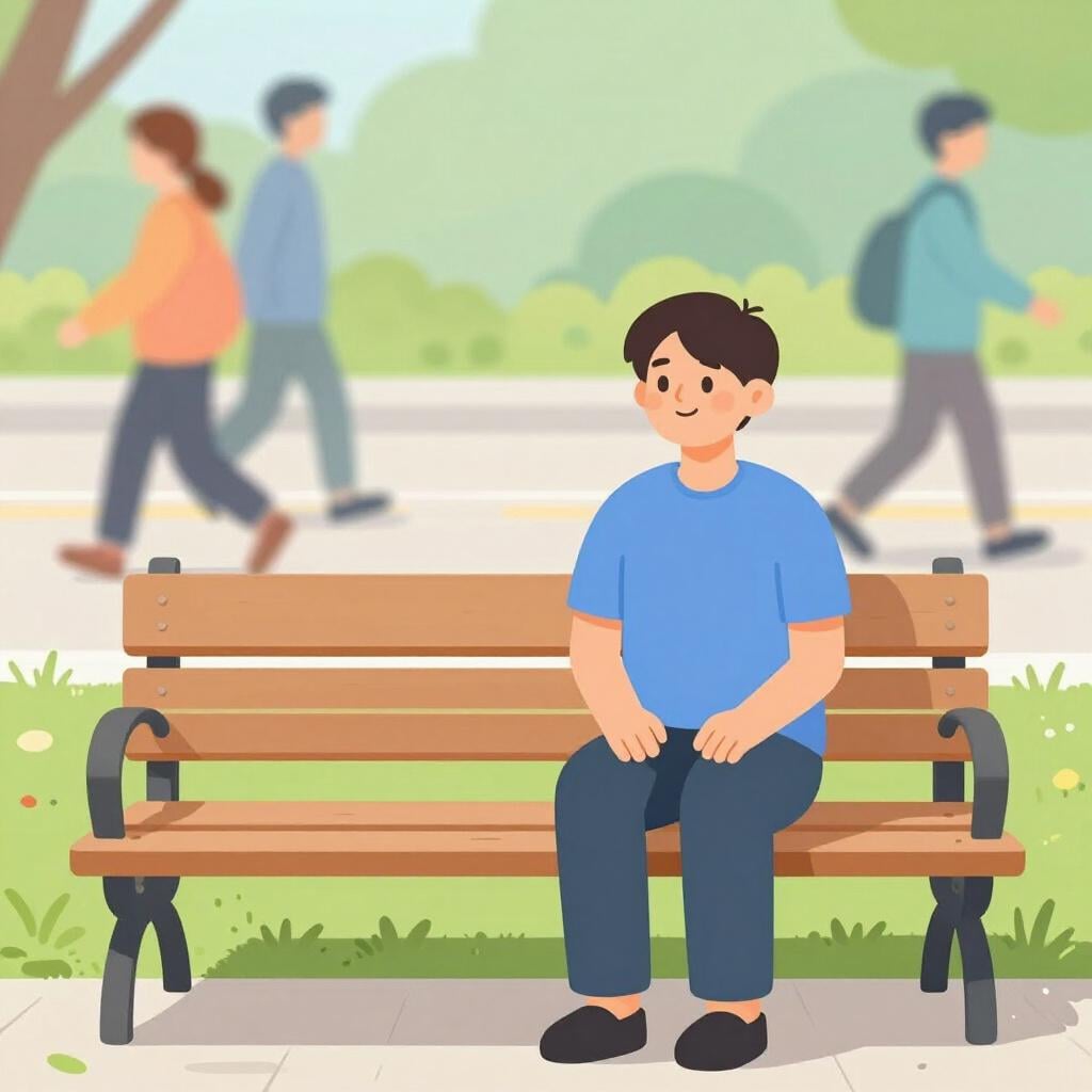 A calm person sitting peacefully on a park bench while others rush by in a blur.