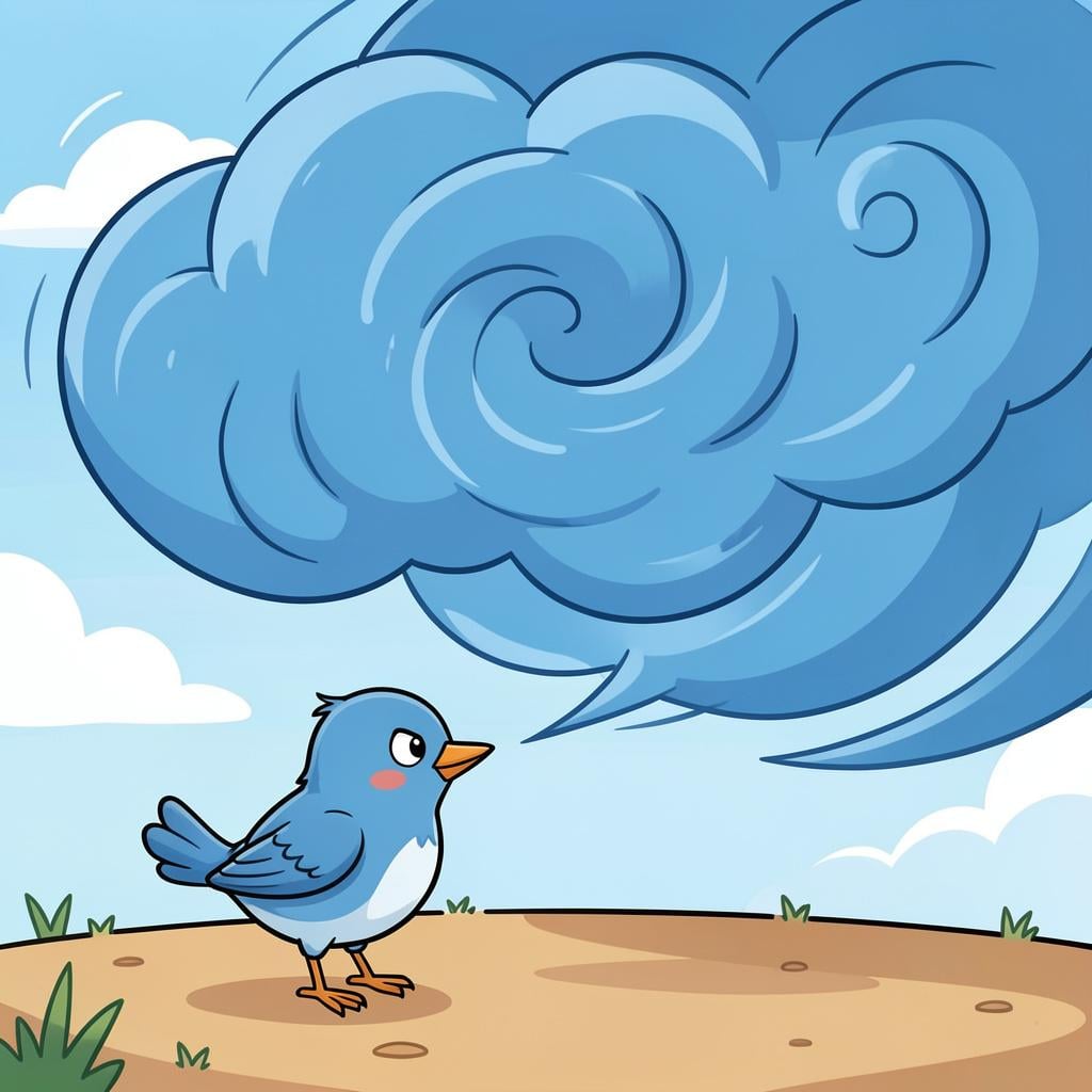 A small, brave bird standing firmly on the ground, looking directly at a large, gusty wind cloud.