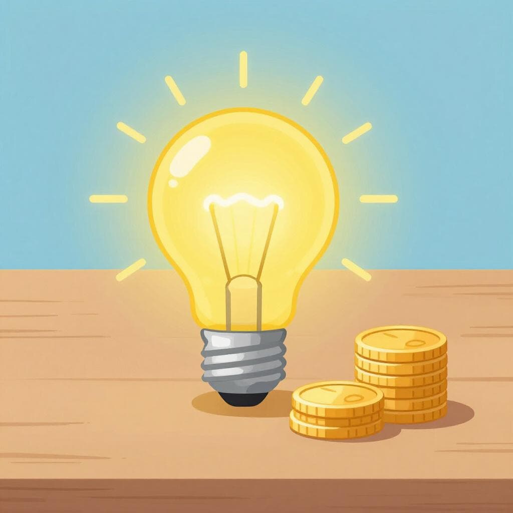 Une ampoule allumée à côté d'une pile de pièces.