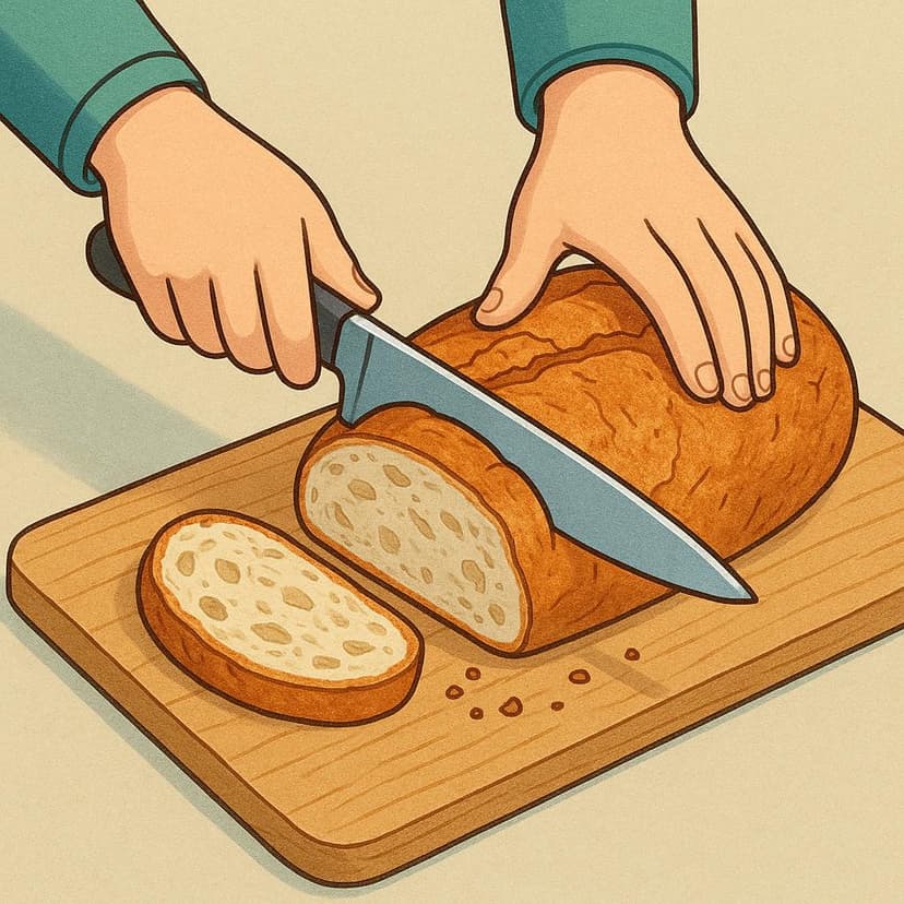 A pair of hands using a sharp knife to carefully slice a fresh loaf of rustic bread on a wooden cutting board.