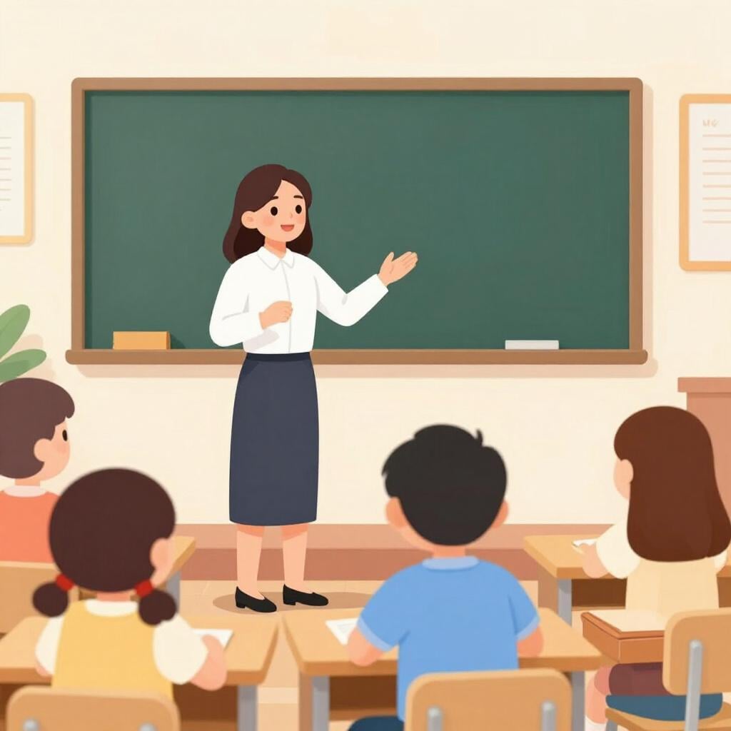 A teacher standing in front of a group of students, gesturing towards a blackboard.