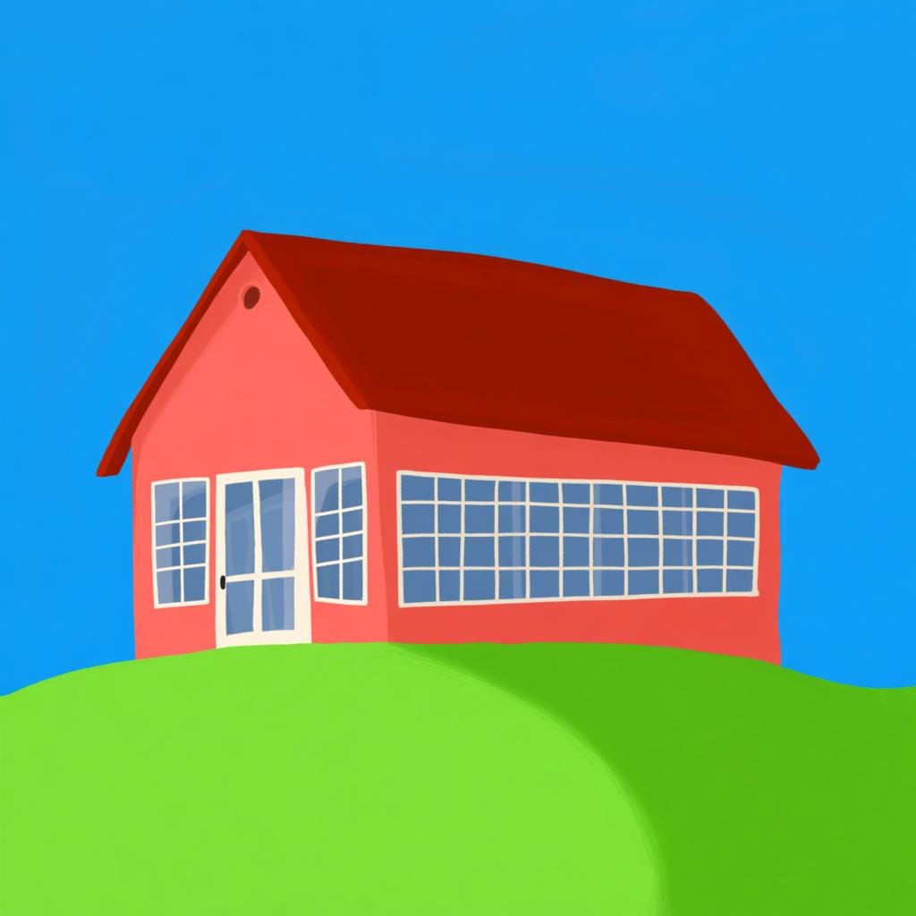 A bright, friendly yellow school building with a red roof, featuring a flagpole and a playground area, surrounded by green grass.