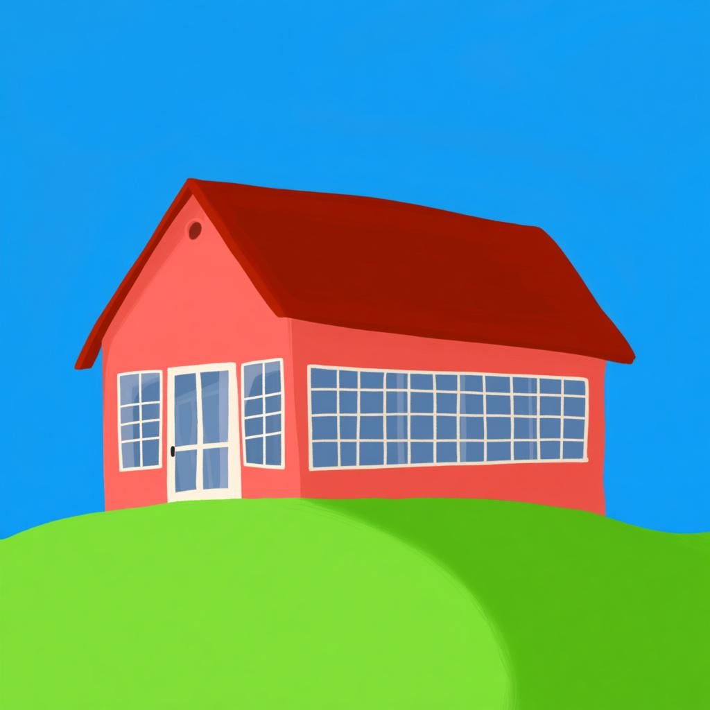 A bright, friendly yellow school building with a red roof, featuring a flagpole and a playground area, surrounded by green grass.