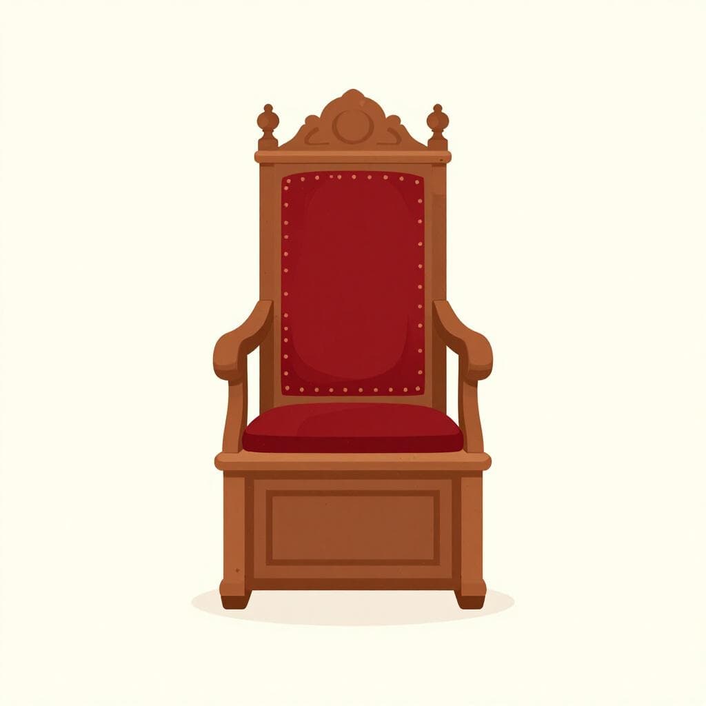 Een hoogwaardige illustratie van een enkele, statige houten stoel met een hoge rugleuning en rode fluwelen bekleding, typisch te vinden in een parlementszaal.