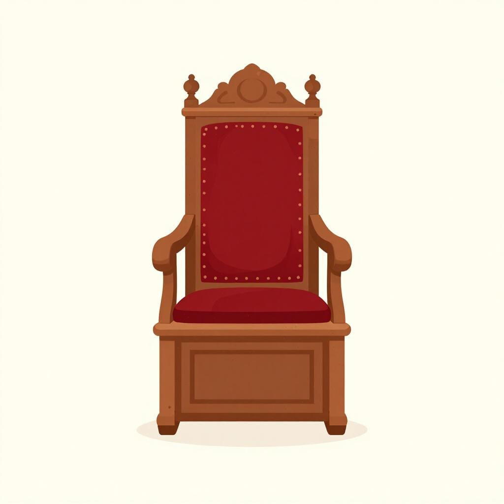 국회의사당에서 볼 수 있는, 등받이가 높고 붉은 벨벳으로 덮인 고급스러운 나무 의자 한 개의 삽화.