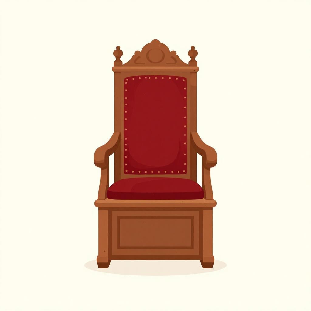 A high-quality illustration of a single grand wooden chair with a high back and red velvet upholstery, typically found in a parliament chamber.
