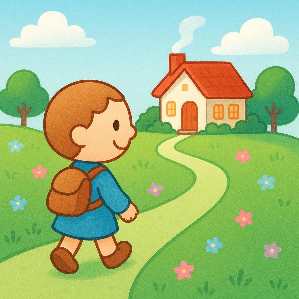 A cheerful figure walking along a winding green path toward a small, welcoming house with a red roof in the distance, illustrating the concept of returning home.