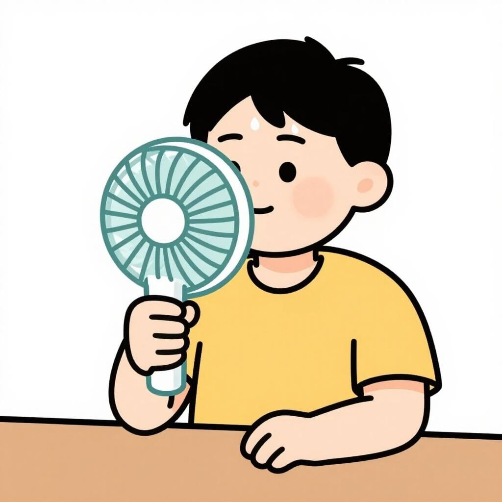 A person sitting on a bench holding a small portable fan to their face while sweating.