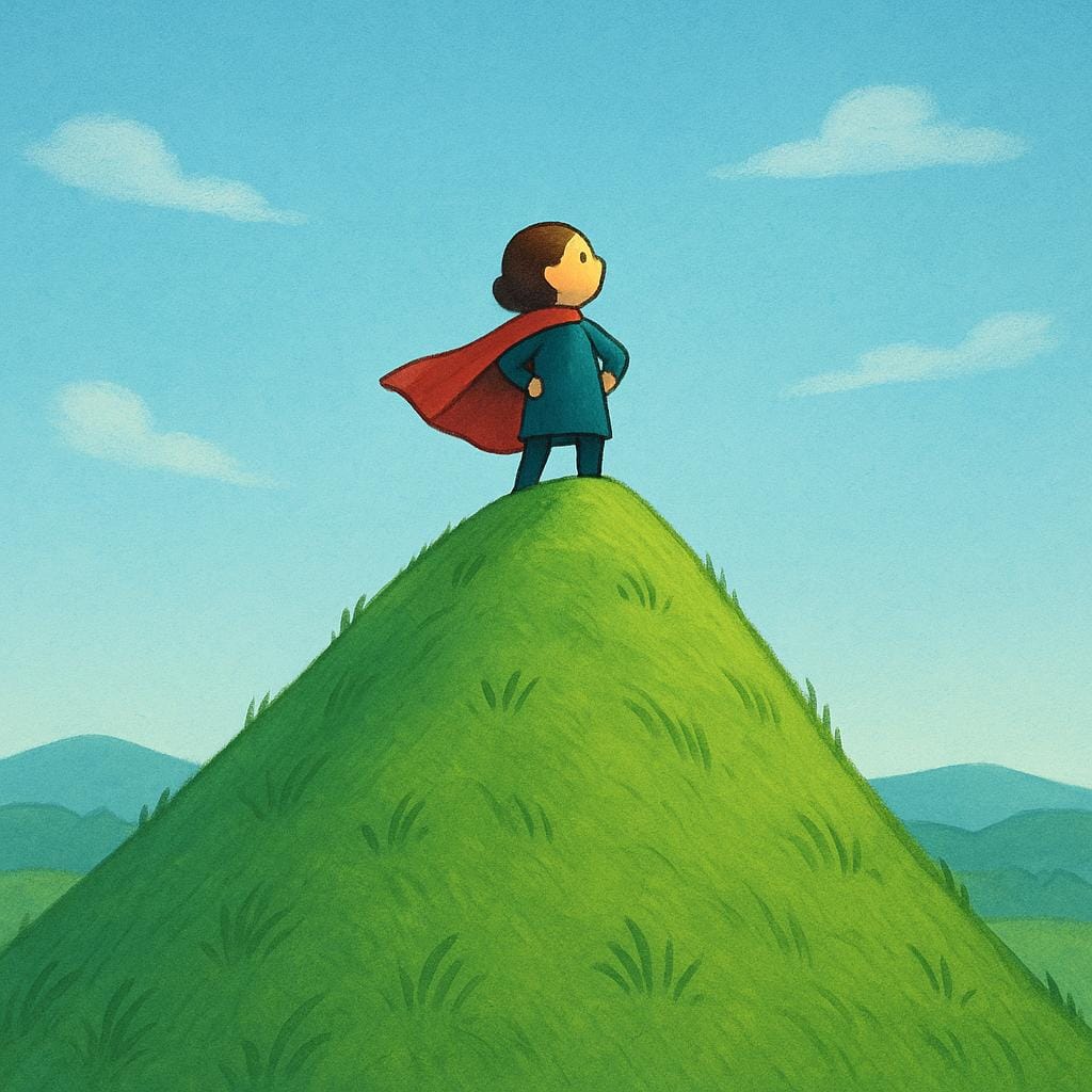 A determined figure standing proudly on the very peak of a steep, grassy hill, symbolizing the successful completion of a difficult effort.