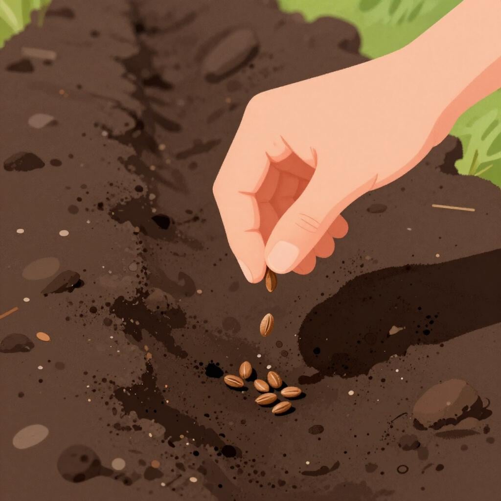 Un primo piano di una mano che lascia cadere piccoli semi in un solco poco profondo in terra scura e fertile.
