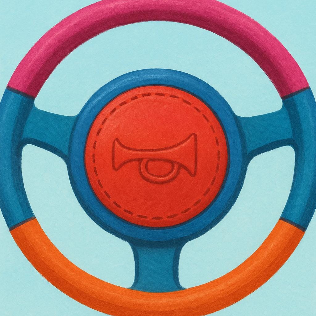 Una vista ravvicinata di un volante di un'auto con un'icona del clacson al centro.