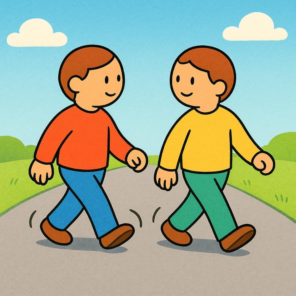 Two simplified figures walking side-by-side on a road, both simultaneously pivoting their bodies 90 degrees to visually depict changing direction.