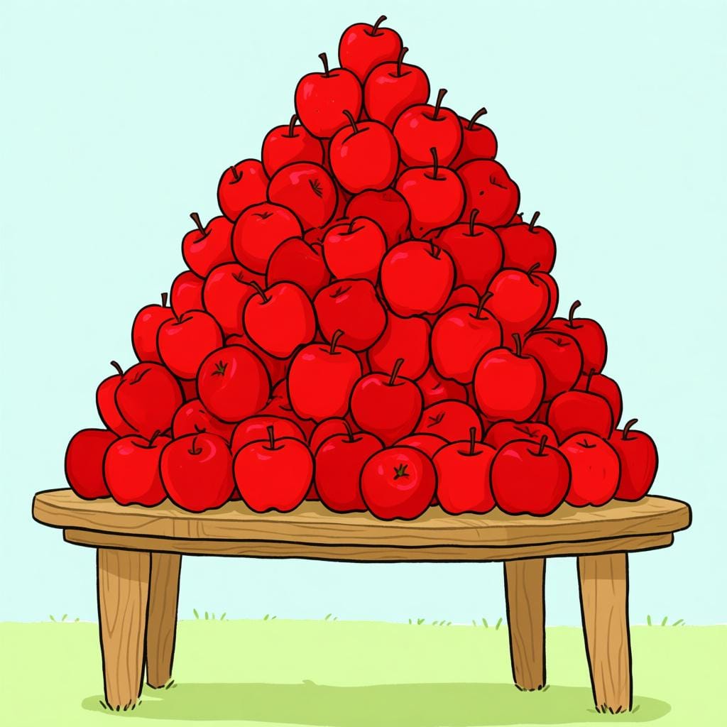A gigantic, overflowing pile of brightly colored red apples stacked high on a small wooden table, representing abundance.