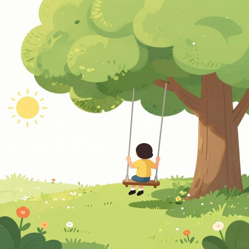 A happy child swinging on a wooden swing under a leafy green tree in a sunny park.