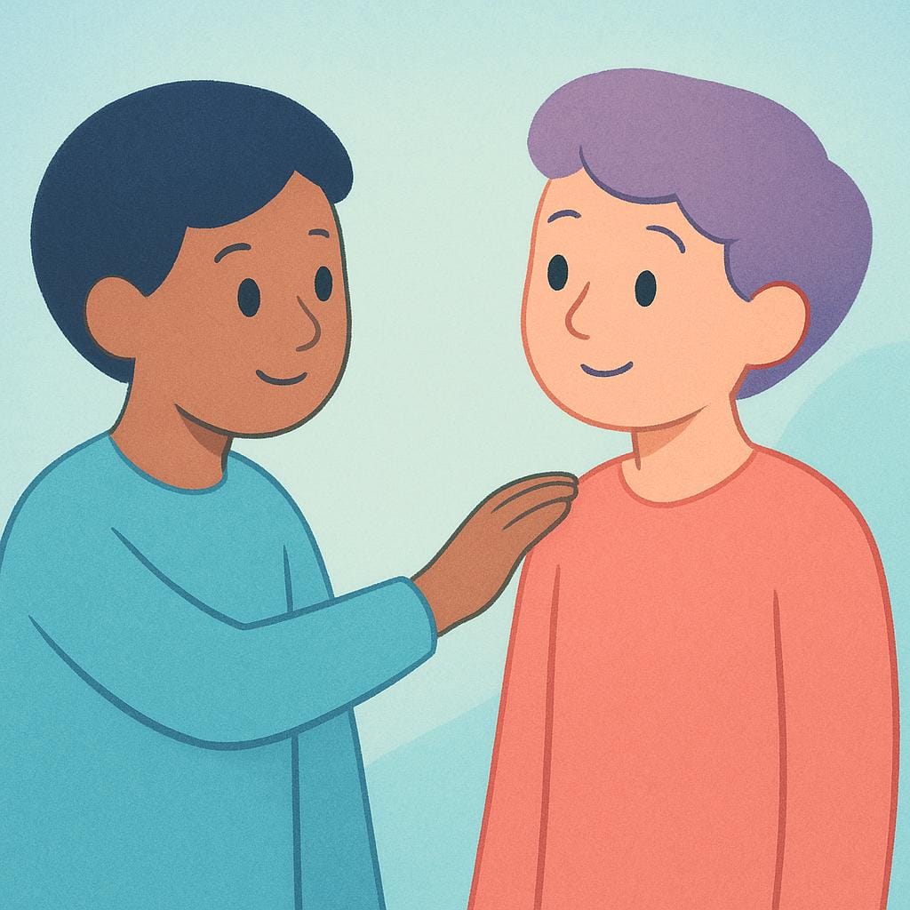 Uma ilustração colorida mostrando uma pessoa tocando gentilmente o ombro de outra pessoa para chamar a atenção educadamente.