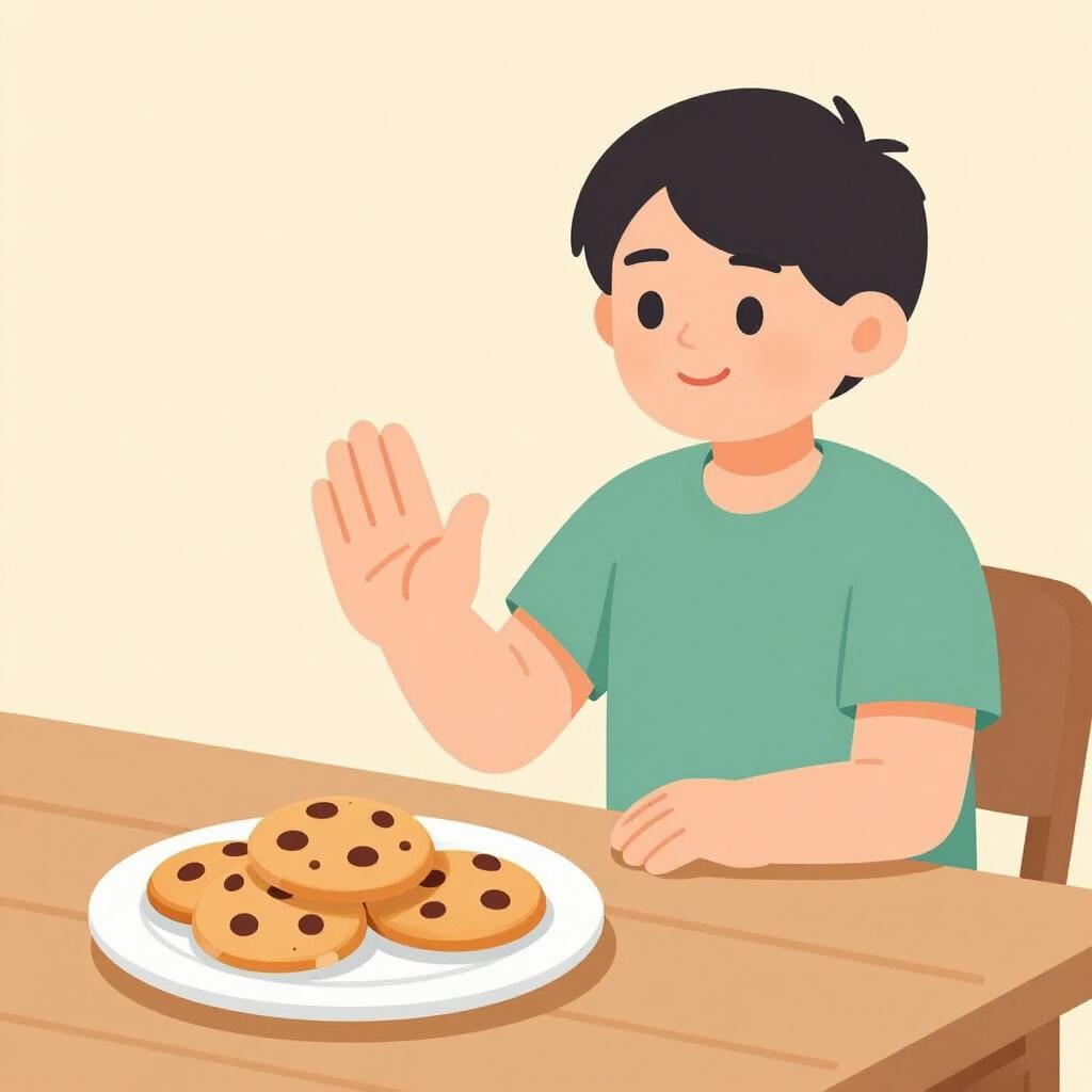 Eine einfache Illustration einer Person, die höflich einen Teller Kekse wegschiebt, um Selbstbeherrschung zu zeigen.