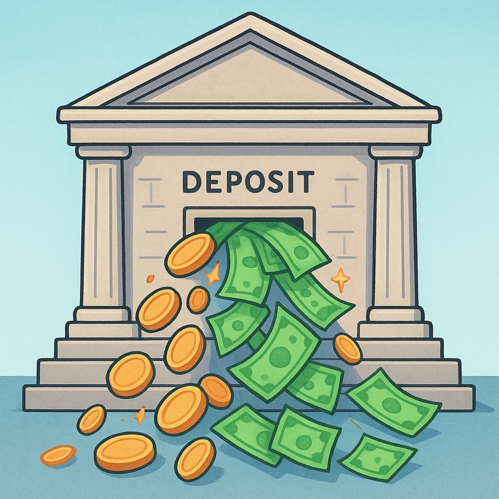 A large, official-looking government building with a slot for deposits, receiving a steady stream of stylized gold coins and banknotes flowing into its entrance.