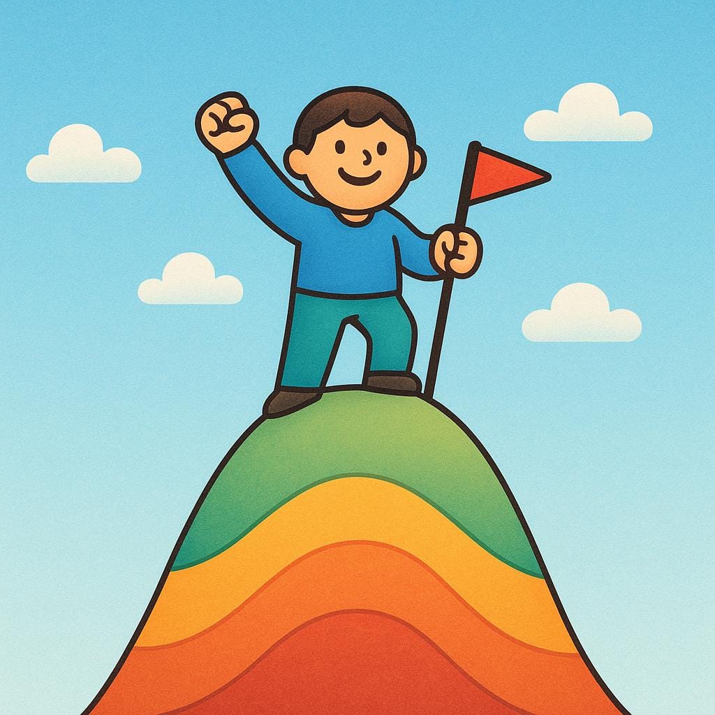 A triumphant cartoon figure stands on the peak of a tall, stylized hill, holding a small flag and raising one fist in victory.
