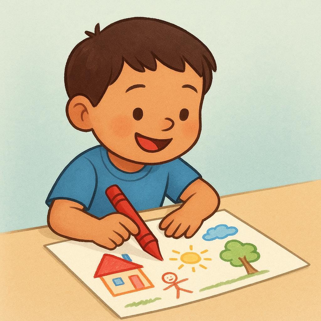 A high-quality illustration of a happy child looking down at a colorful drawing on paper, holding the red crayon they used to create it.
