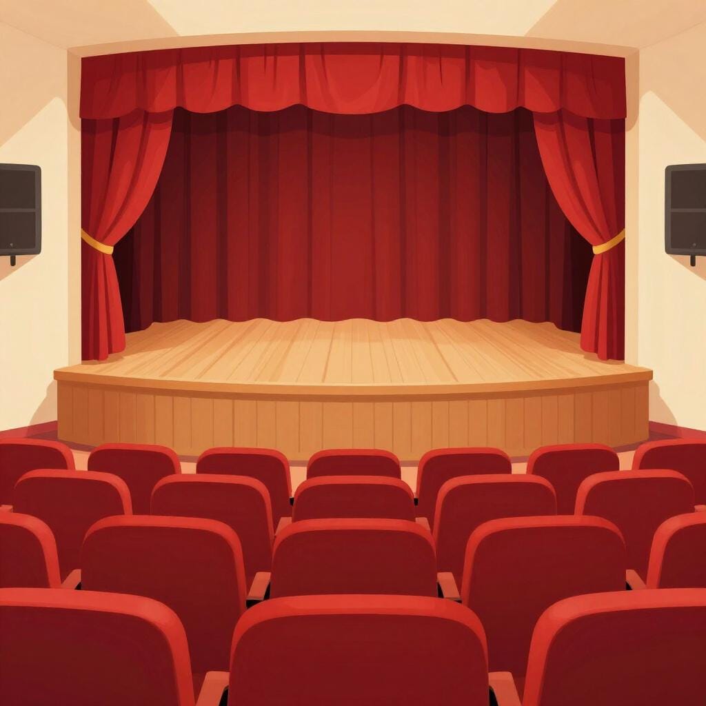 A large, empty hall with rows of red velvet seats facing a wooden stage with a red curtain.