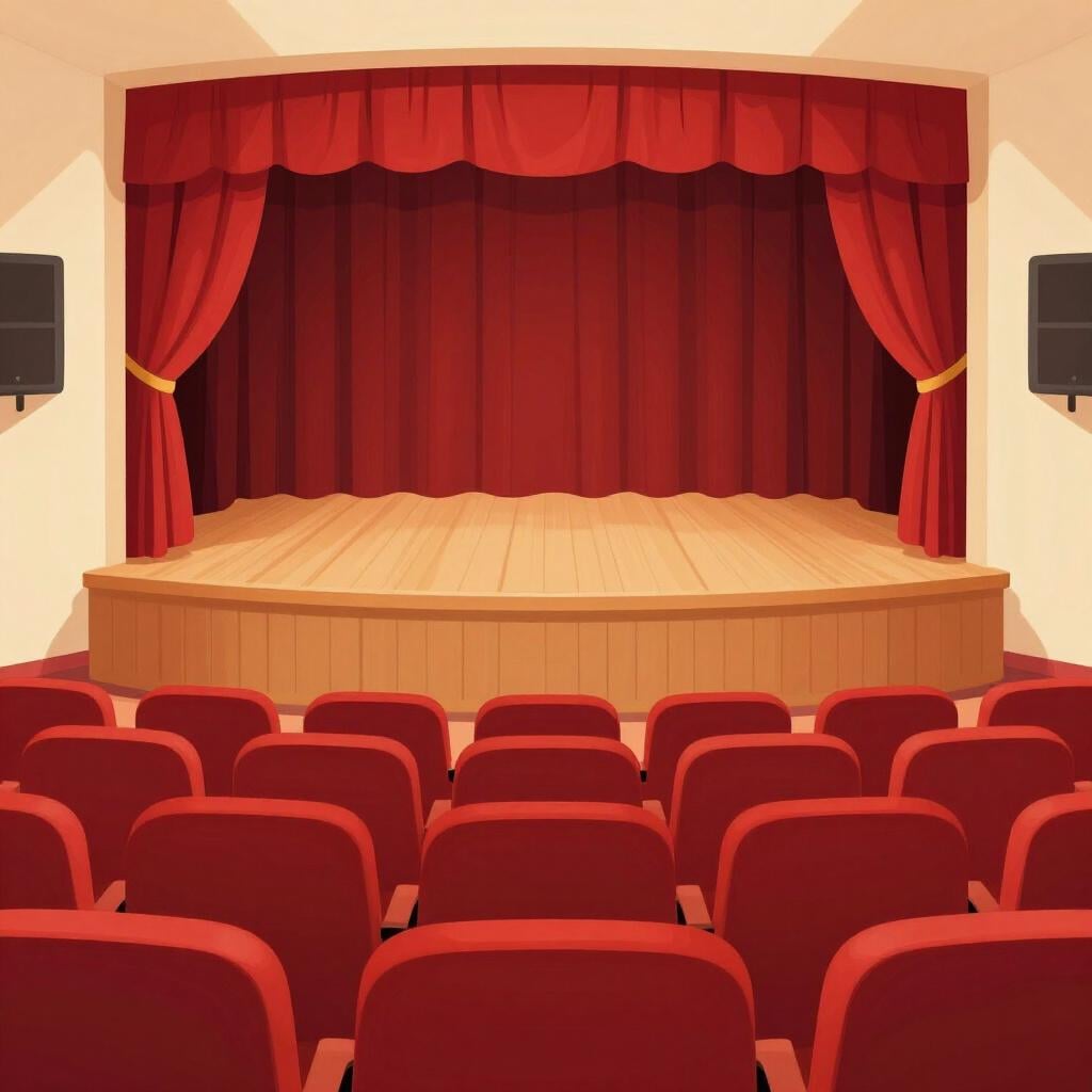 A large, empty hall with rows of red velvet seats facing a wooden stage with a red curtain.