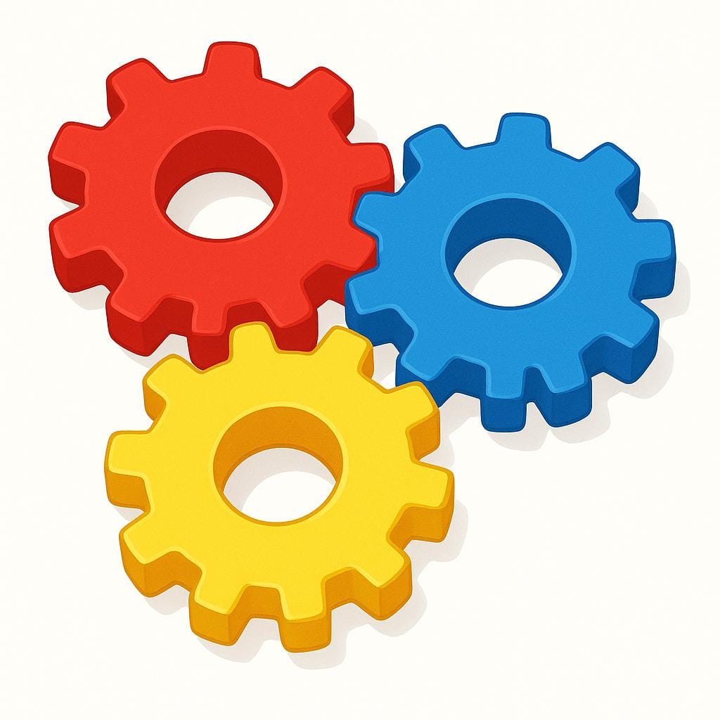 Eine einfache Illustration, die drei große, leuchtend farbige Zahnräder – rot, blau und gelb – zeigt, die ineinandergreifen und als ein einziges System vor einem einfarbigen Hintergrund funktionieren.