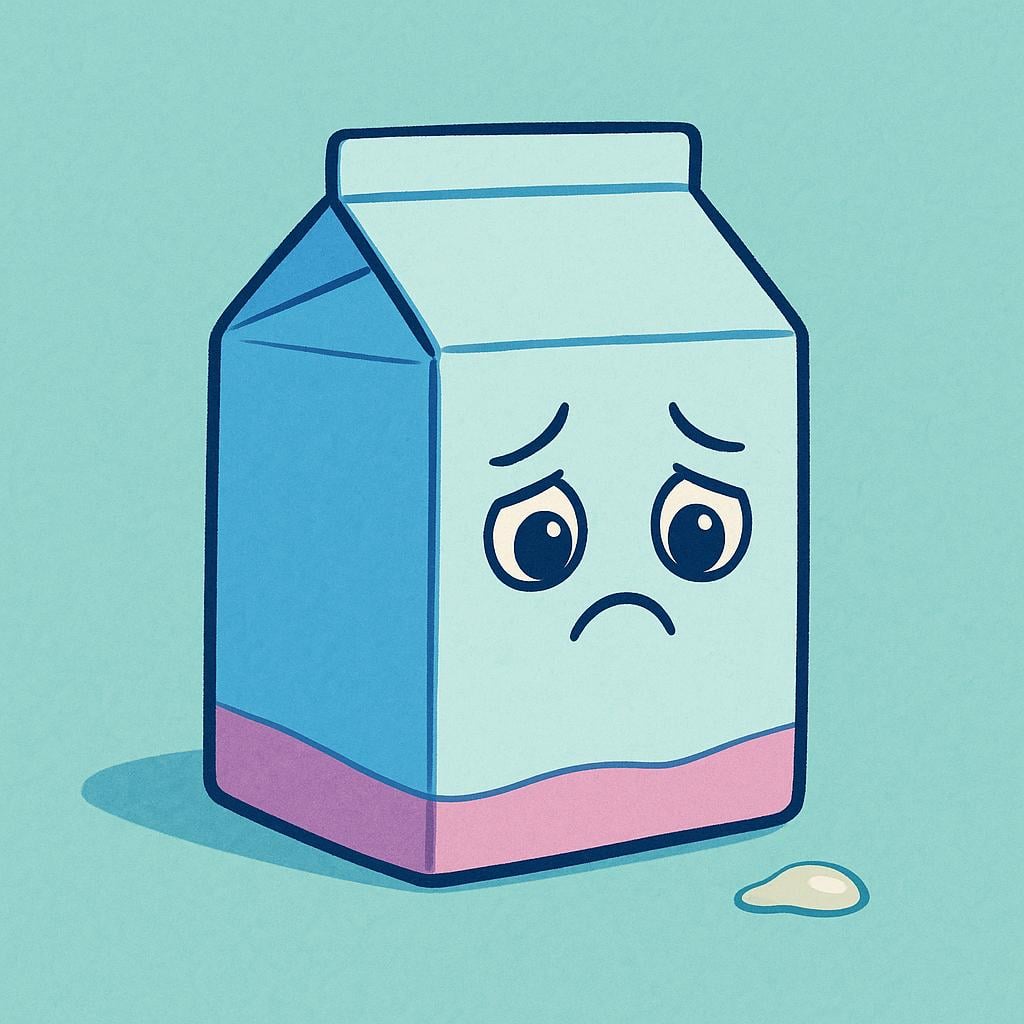 A sad, anthropomorphic carton of milk resting on a counter, indicating that the product has expired.