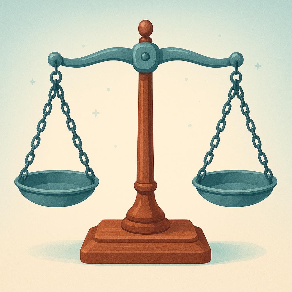 A simple balance scale with two pans. One pan is lowered significantly, showing a conclusion has been reached.