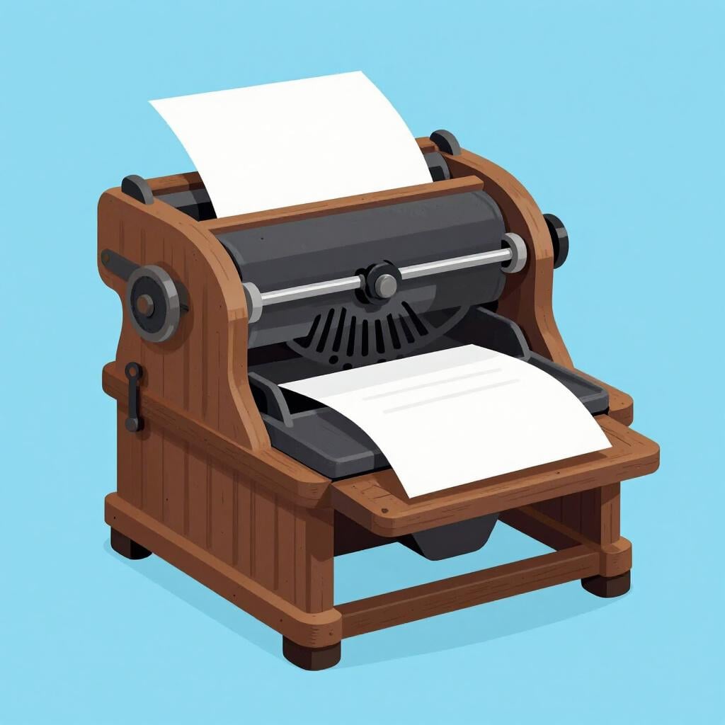 Uma prensa de impressão clássica feita de madeira e metal, com uma grande alavanca e uma base plana para papel.