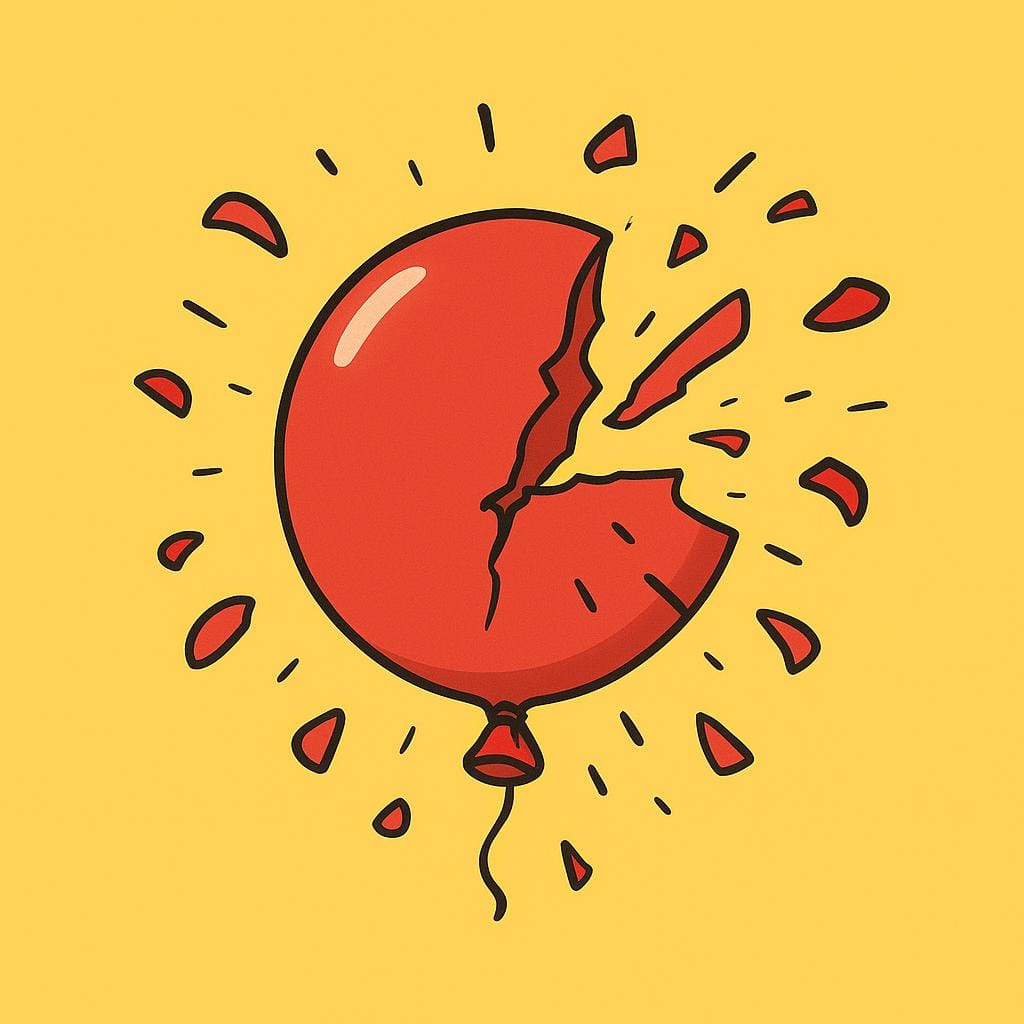 A red balloon bursting dramatically, with small pieces flying away, illustrating a sharp, sudden sound.