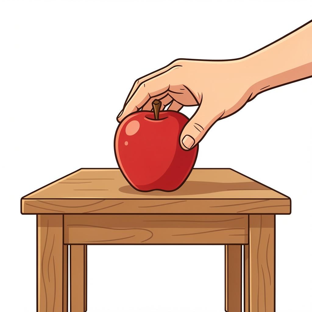 A hand placing a bright red apple onto a wooden table.