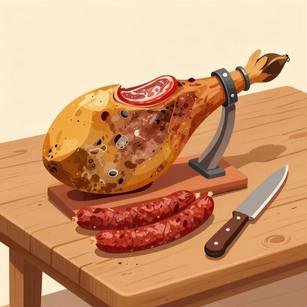 A rustic wooden table with a large ham, sausages, and traditional kitchen tools.