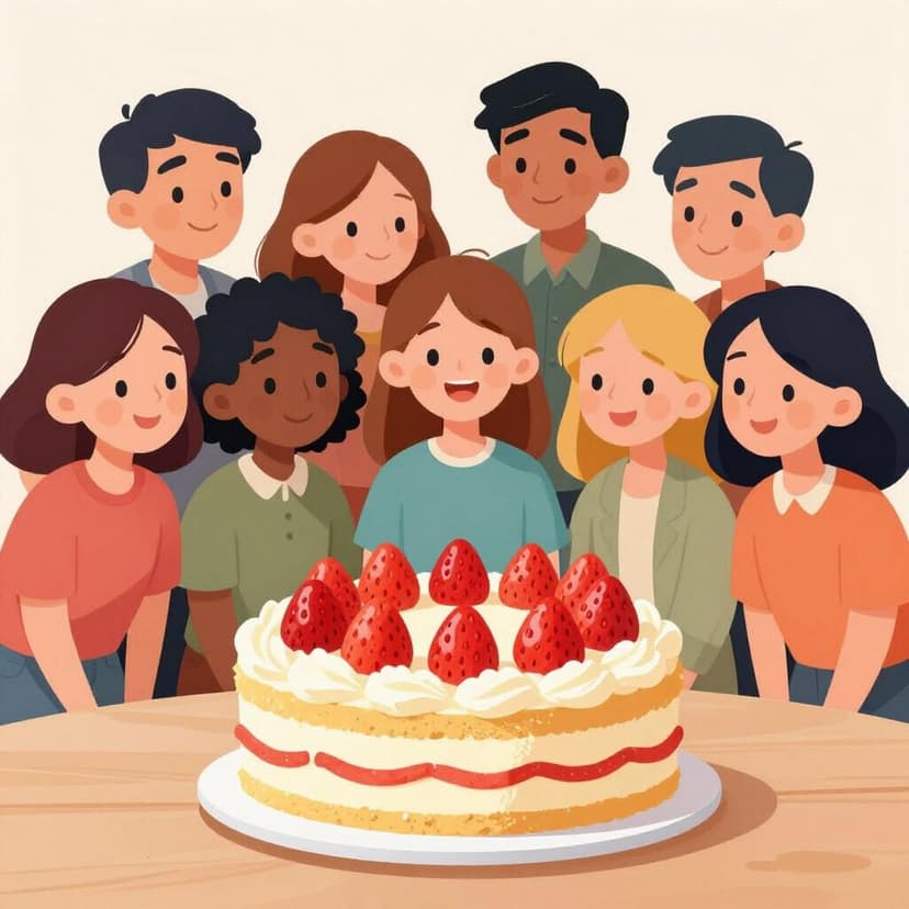 Um grupo de pessoas felizes olhando com desejo para um bolo de aniversário grande e delicioso em uma mesa.