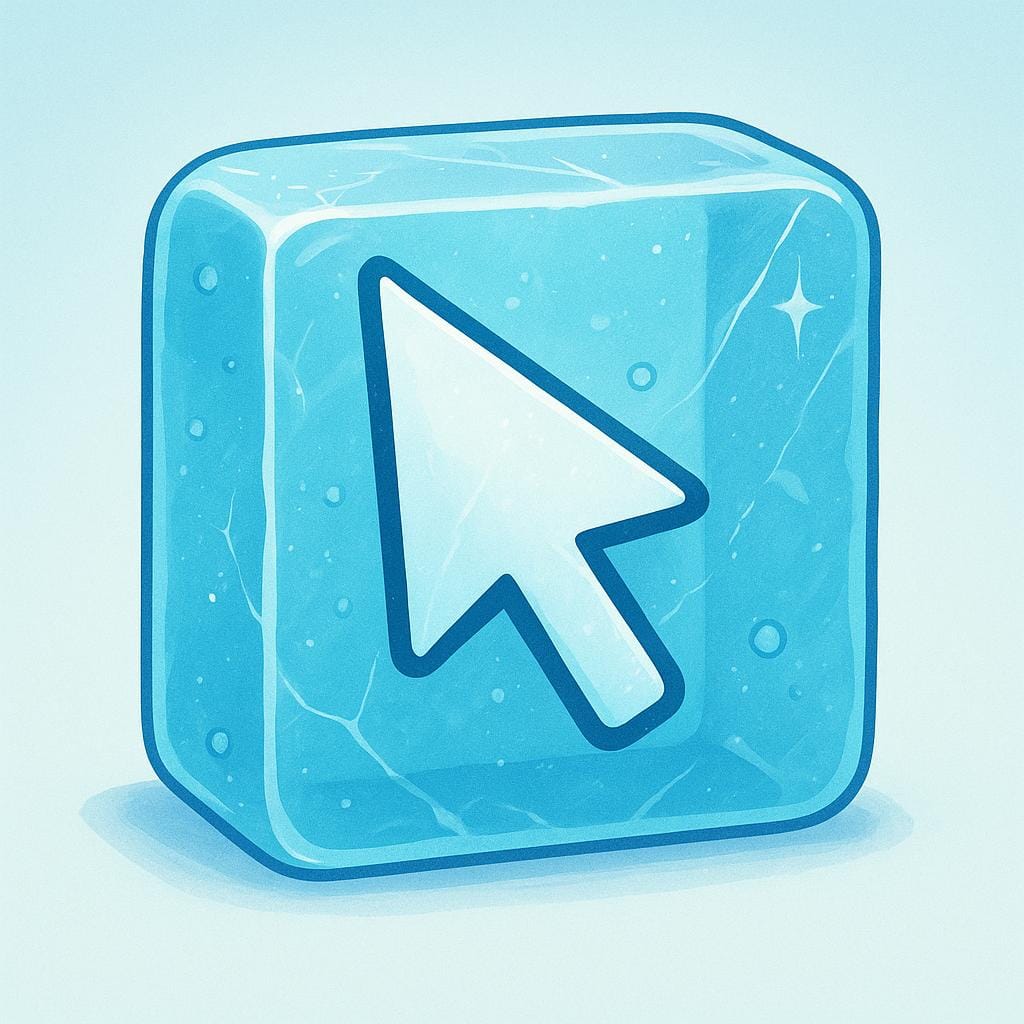 A glowing blue computer mouse cursor that is stuck and surrounded by a jagged ice effect.