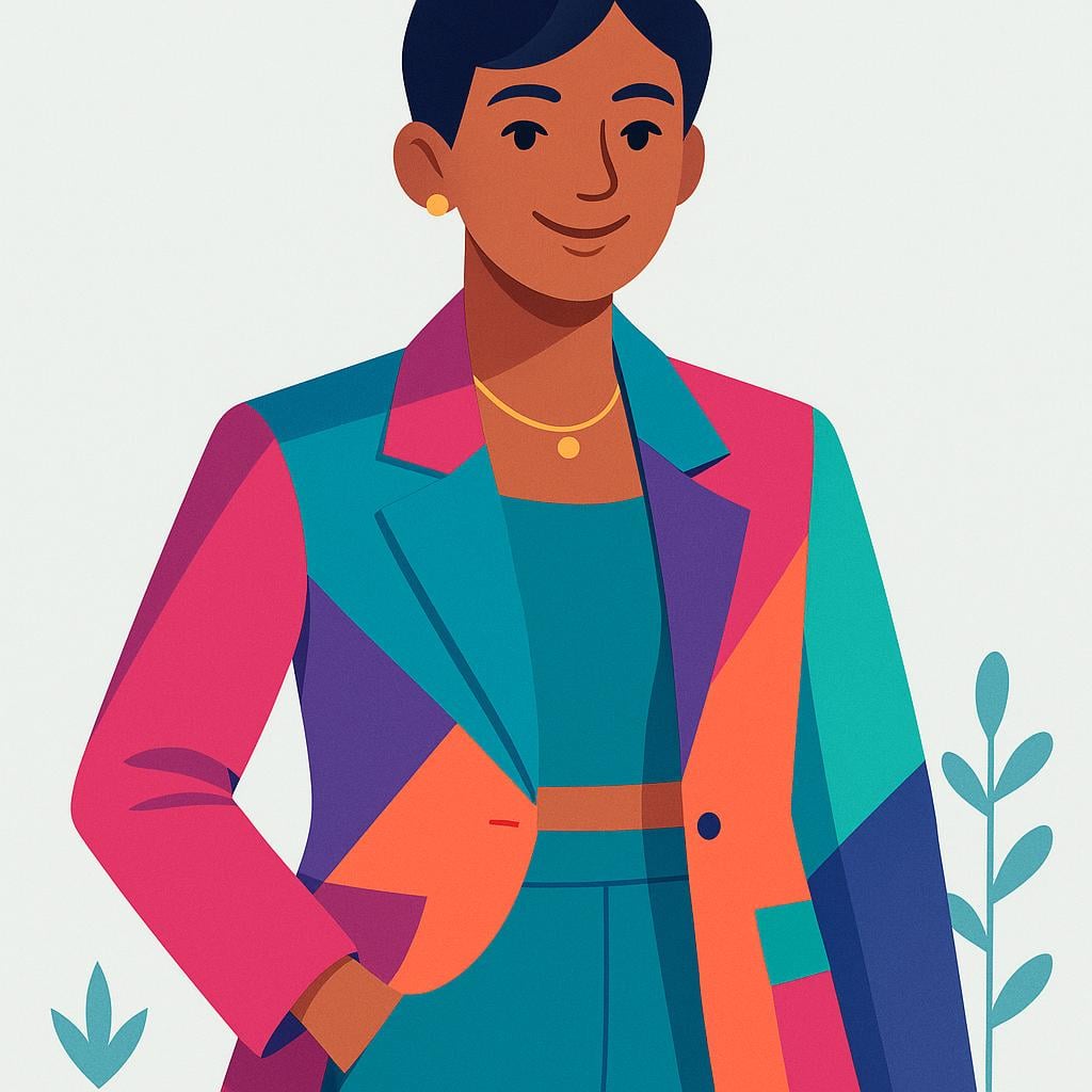 A person wearing a fashionable, brightly colored outfit featuring geometric shapes and clean lines, standing confidently.