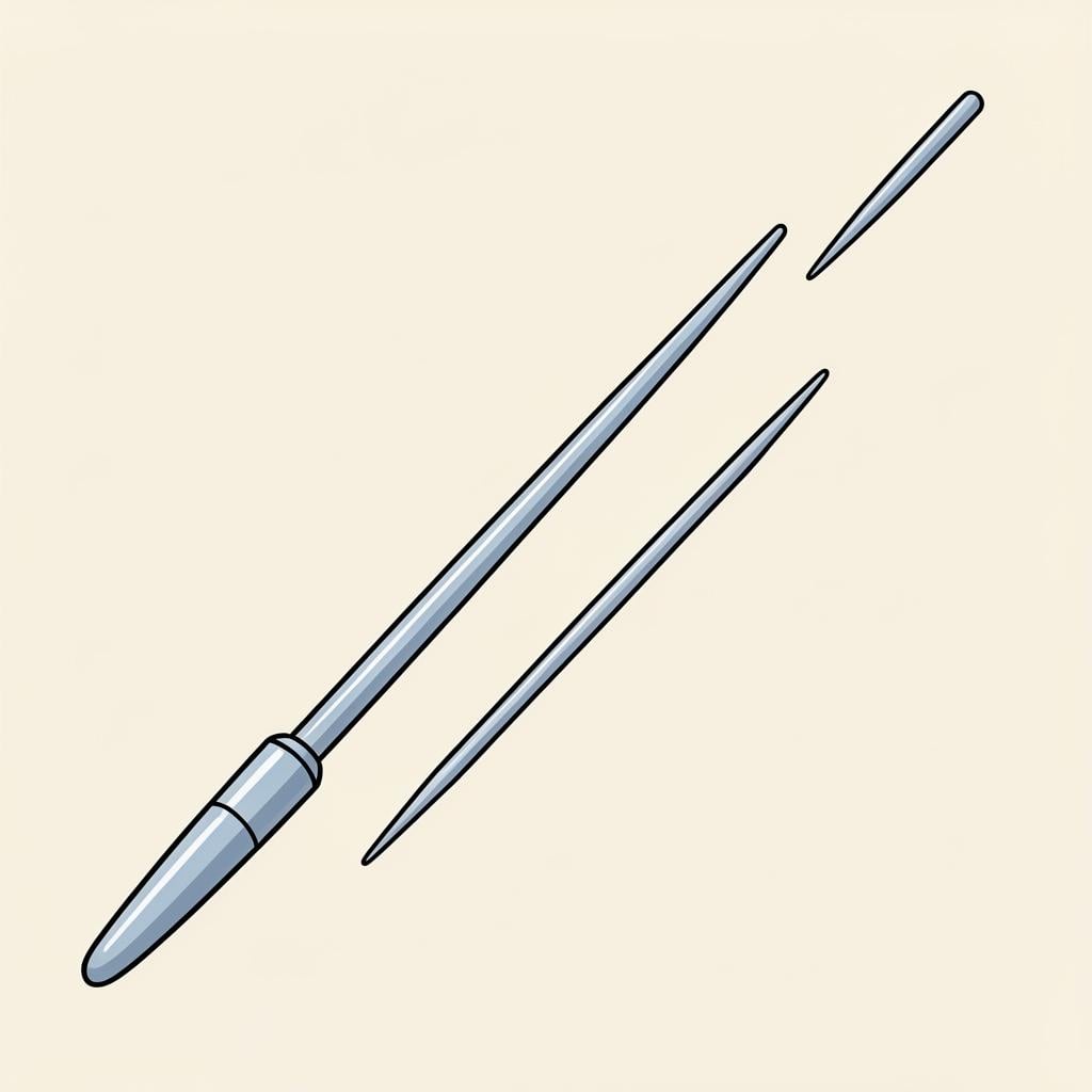Close up view of two long, thin metal pointers from a timepiece.