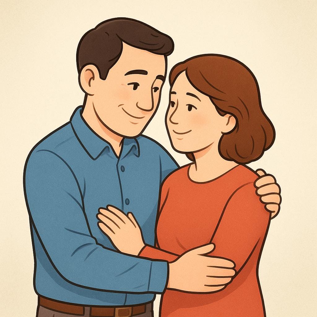 A smiling adult couple embracing tenderly, looking into each other's eyes against a simple background.