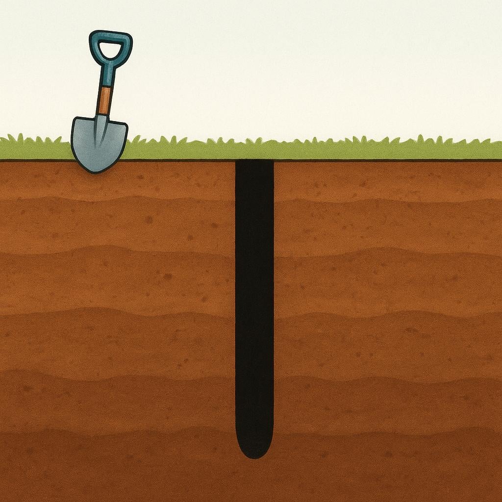 A cross-section view showing a person digging a very deep, narrow hole in brown soil. The hole extends far down out of sight.