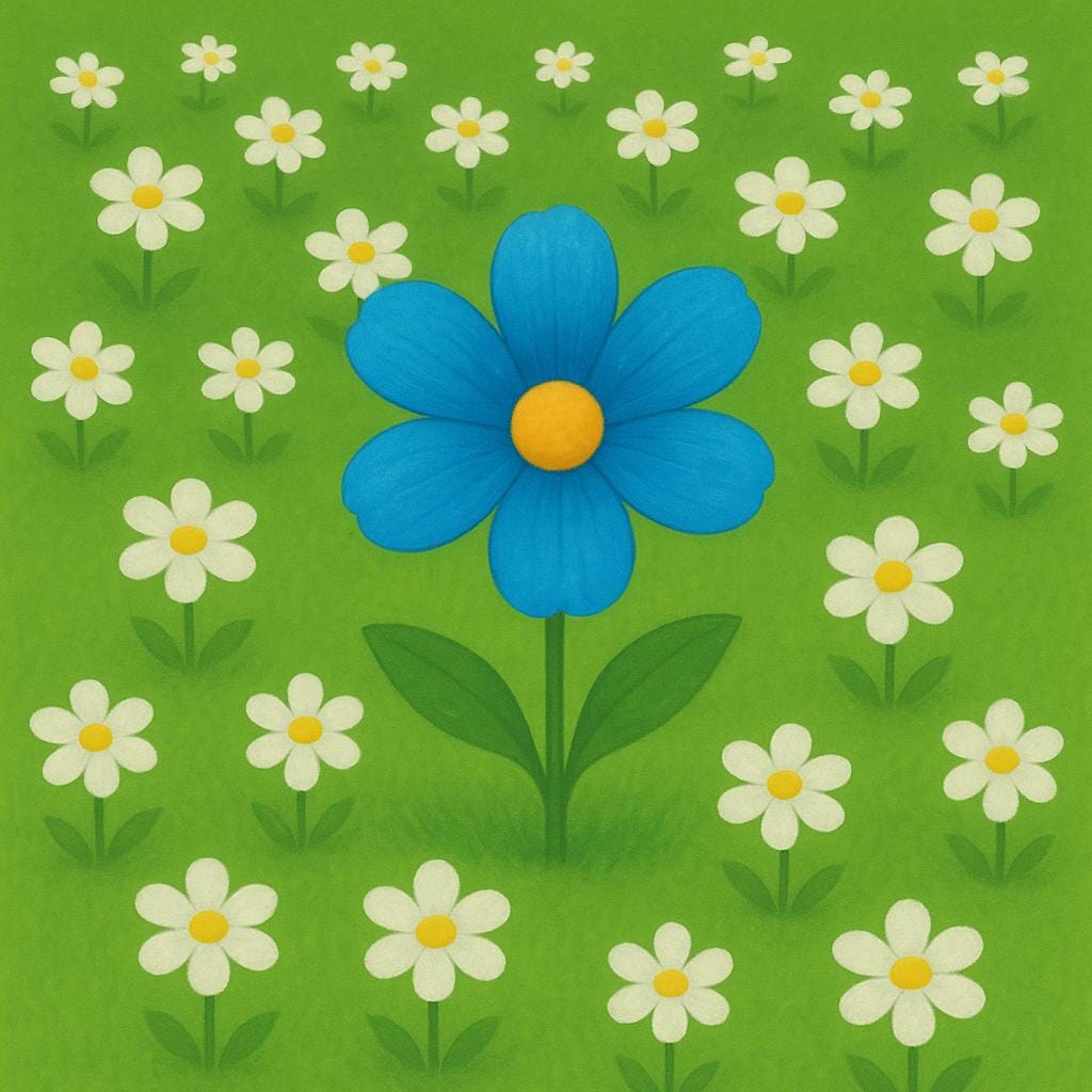 A single bright blue flower growing in a field of plain white flowers.