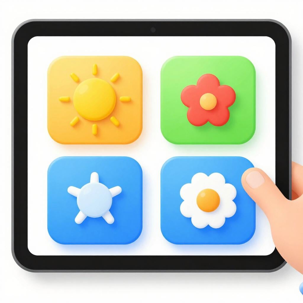 Une tablette informatique colorée avec de grandes icônes simples d'un soleil et d'une fleur.