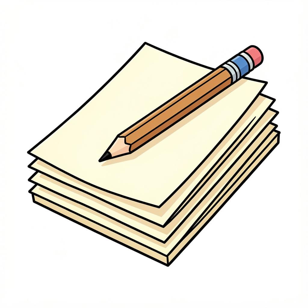 Een nette stapel papier met een houten potlood erbovenop.