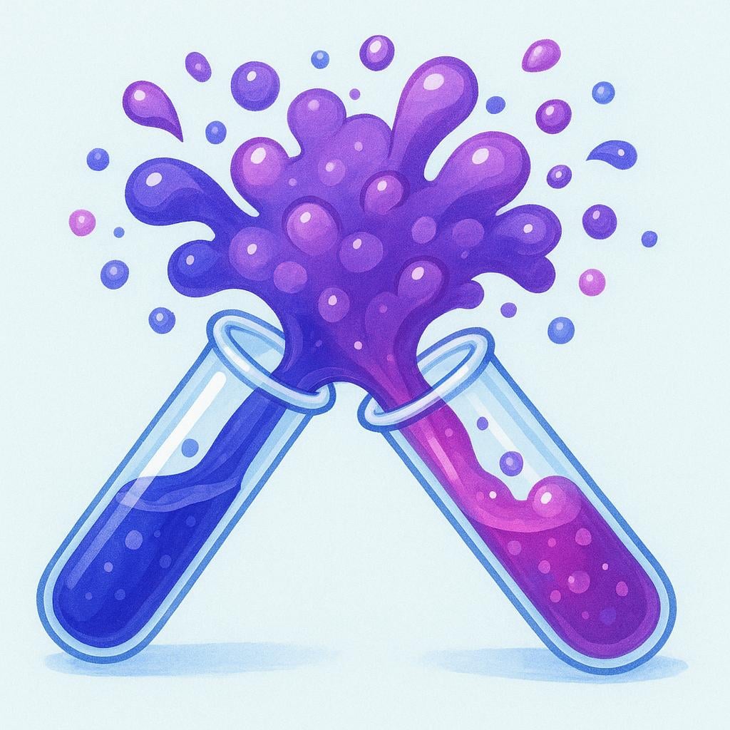 Two glass test tubes being poured together, causing a vibrant eruption of purple foam and bubbles, symbolizing a chemical process.