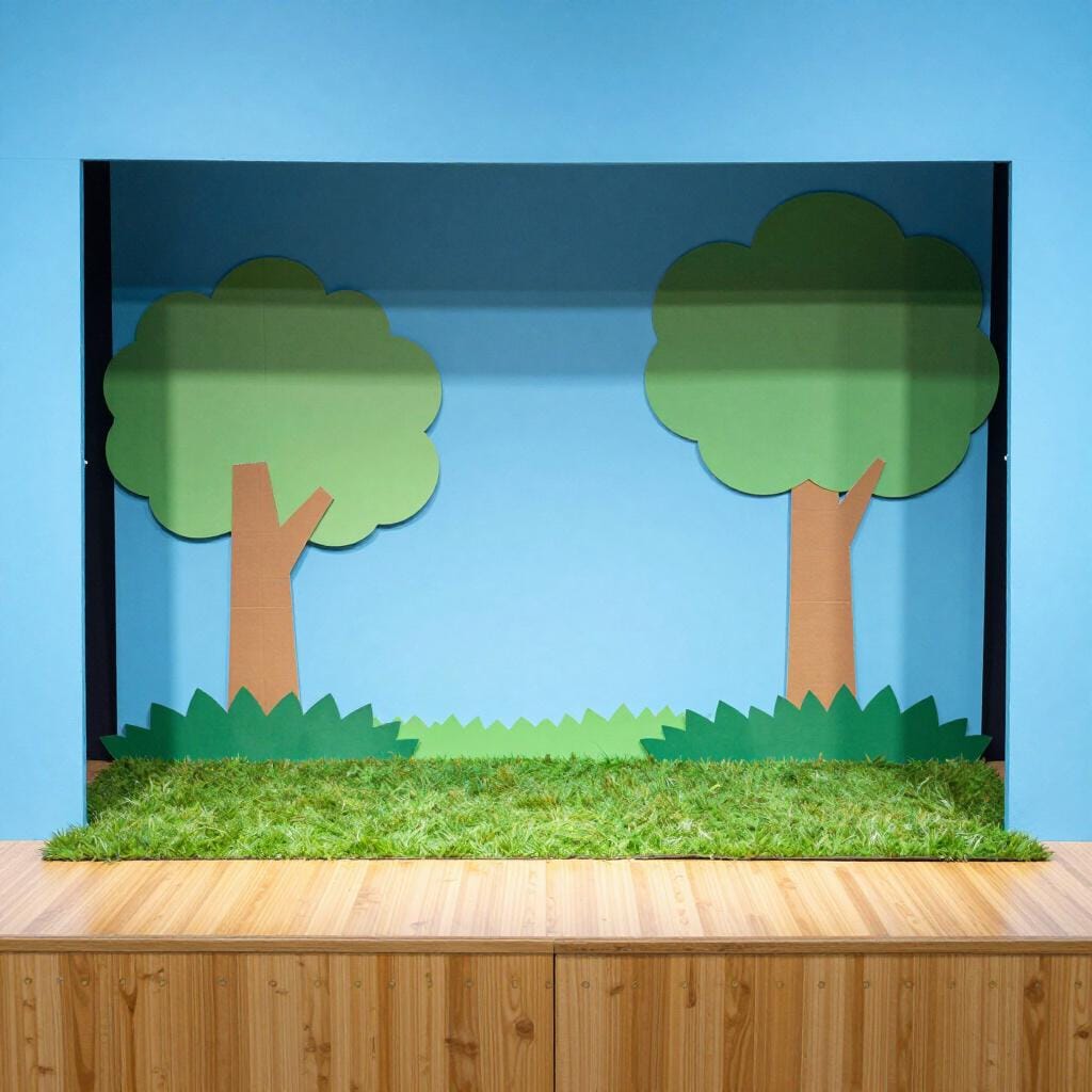 A stage set designed to look like a real outdoor garden with fake grass and cardboard trees.