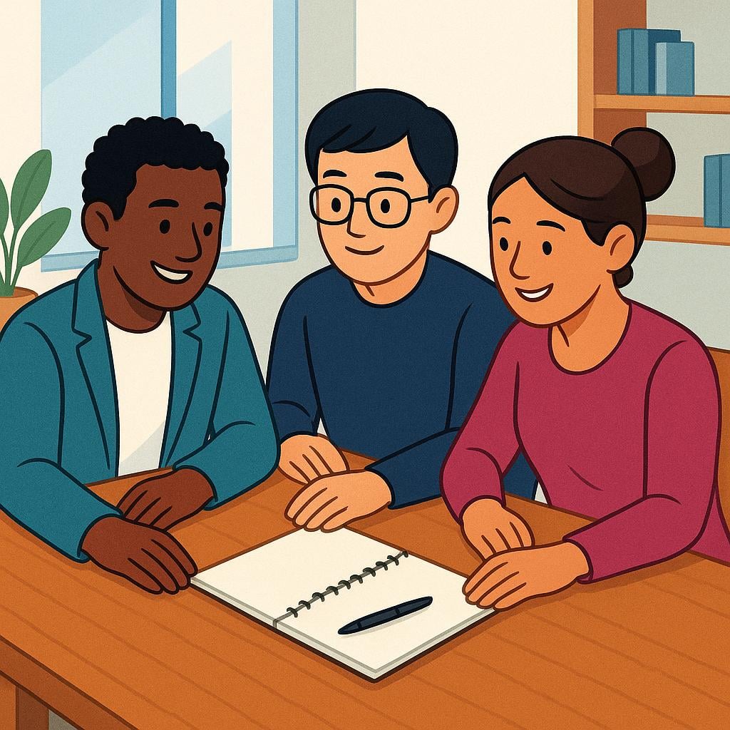 Three diverse professionals sitting around a large, round conference table, engaged in a formal business discussion.