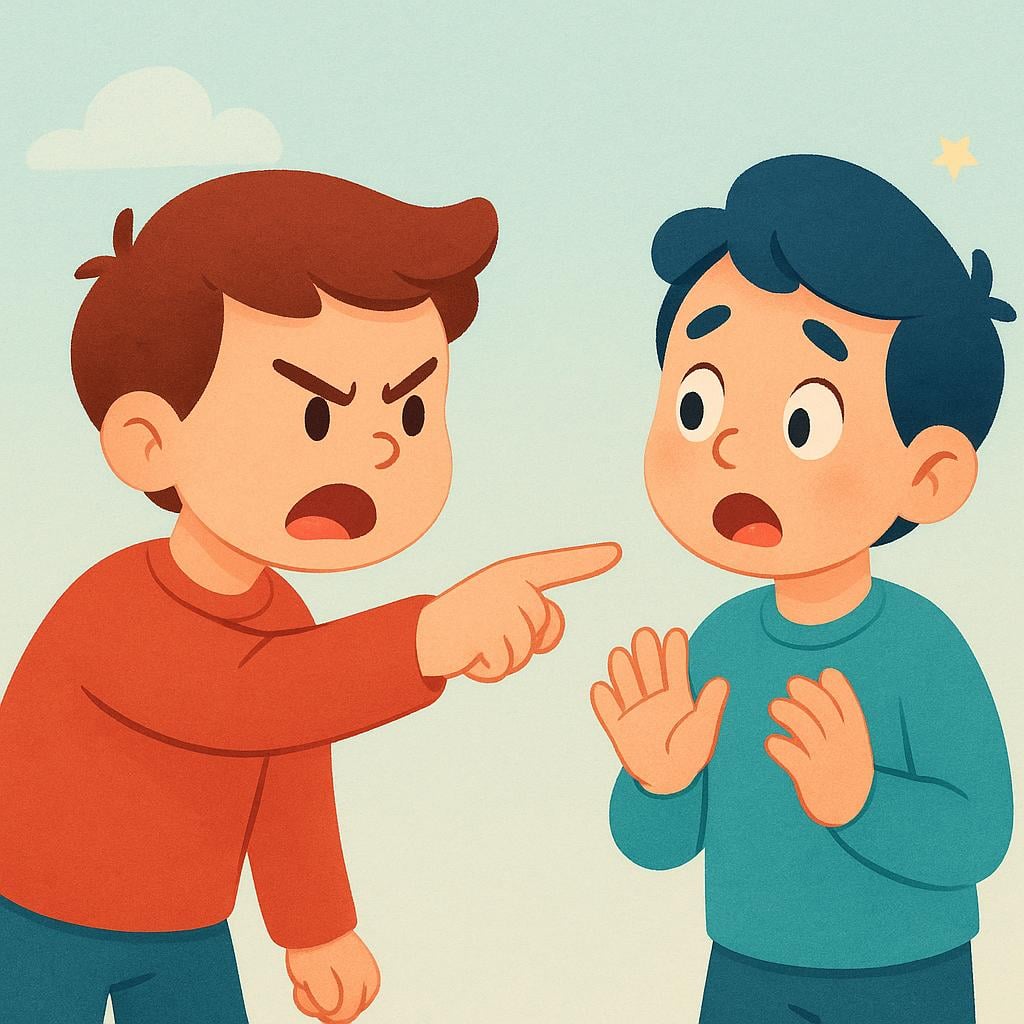 A simple illustration depicting one stylized figure pointing a dramatic, accusing finger directly at another figure who appears surprised and distressed.