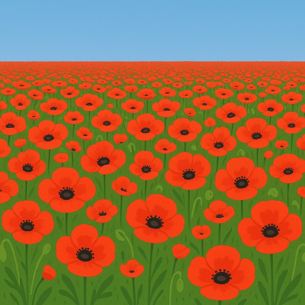 A vast, expansive field covered entirely by bright red poppy flowers, extending to the horizon, showing only that one type of flower.