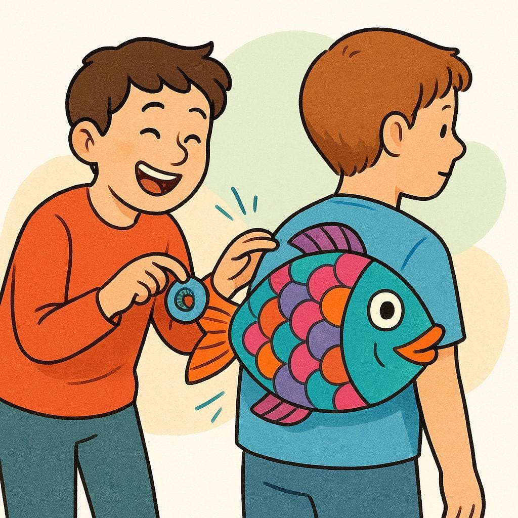 Iemand die giechelt terwijl hij snel een groot papieren uitgesneden vis op de rug van een andere nietsvermoedende persoon plakt, wat een onschuldige praktische grap uitbeeldt.