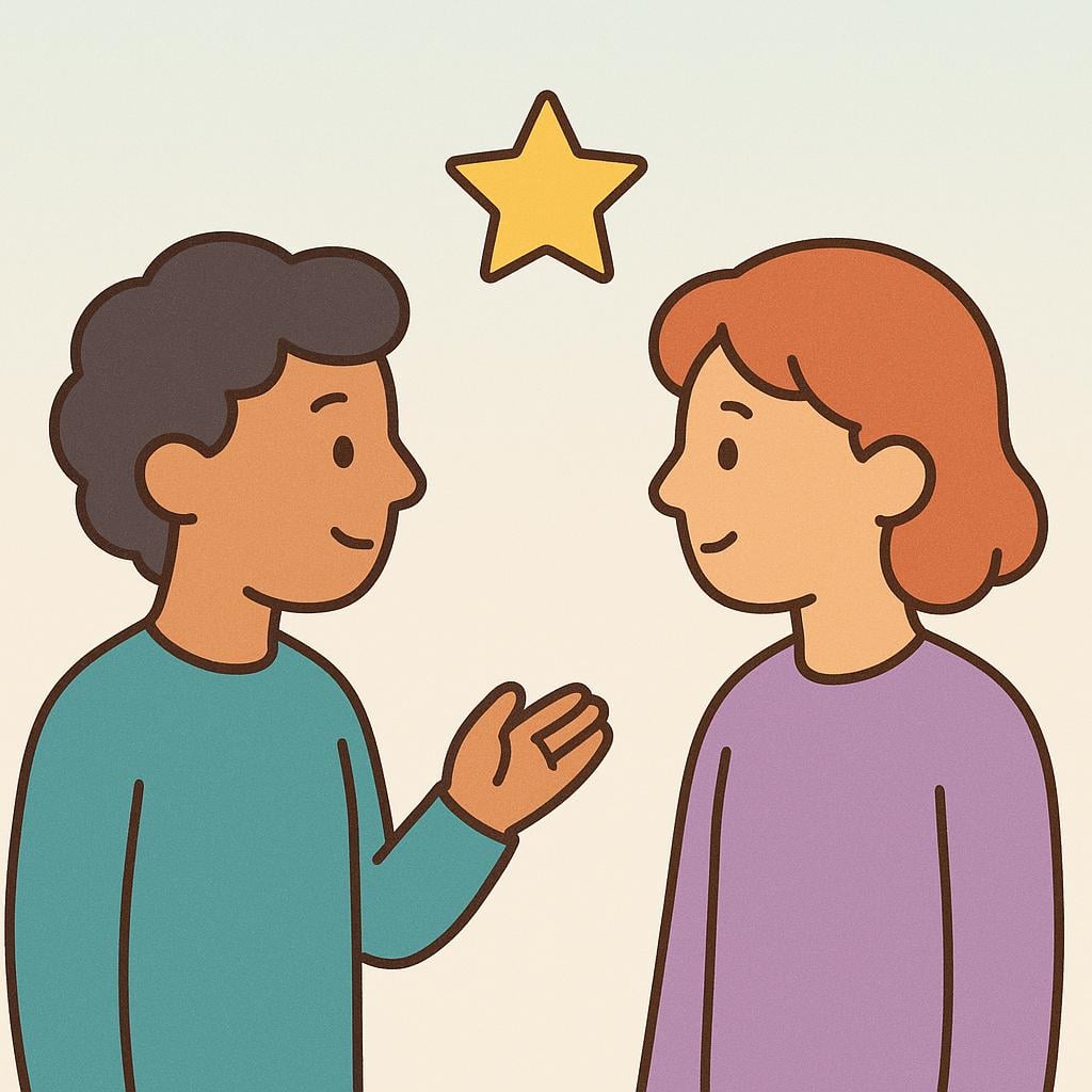 A simplified illustration showing one stylized character speaking to another. A small, simple yellow star icon floats above the listener's head, symbolizing the reception of a brief, general remark.