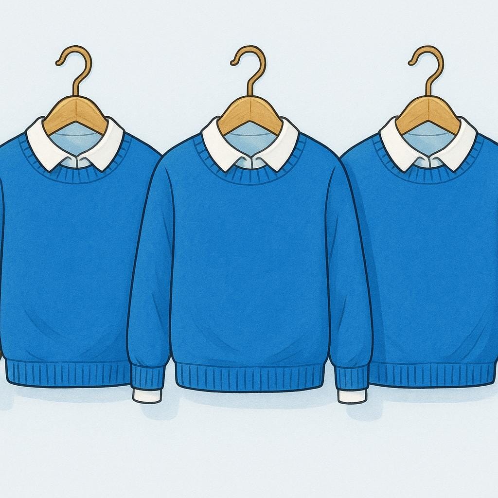 A row of three identical blue school uniforms with white shirts hanging on a wooden rack.