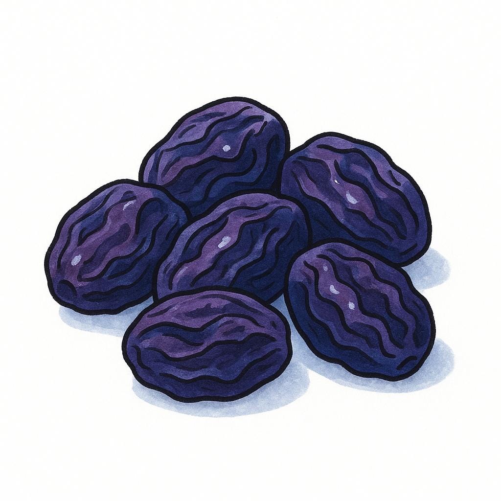 A small cluster of dark purple, wrinkled raisins resting on a clean white surface.